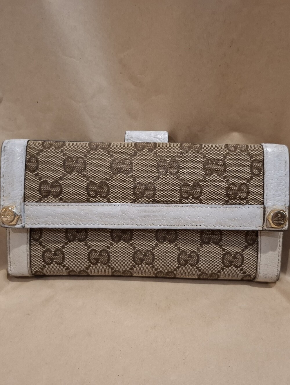 Gucci Beige GG Canvas Continental Wallet with White Trim